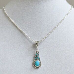 Turquoise Stone Blue Rhinestone Silver Adjustable Necklace